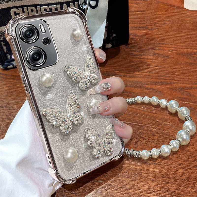 Realme14 5G Pearl Butterfly Bracelet Shockproof Plating Case For OPPO Reno 12F 13F 12 Pro A16 A5 A9 A53 2020 A54S A53S A76 Cover