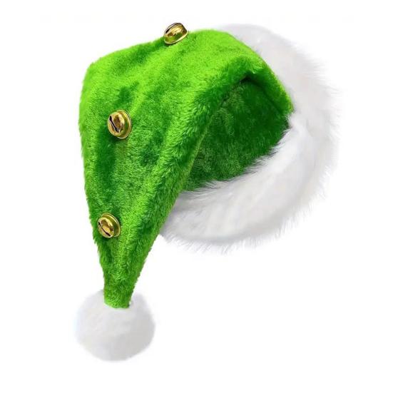 Unisex Velvet Santa Hat with Bells Green/Red Fluffy Christmas Hat with Pompom Ball for Holiday New Year Party Supplies