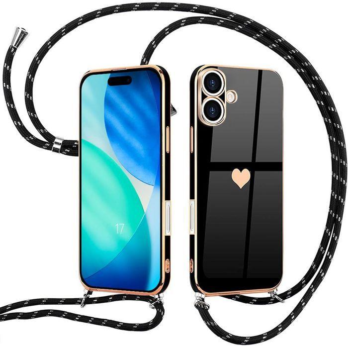 Coque de Protection - BOOLING - pour iPhone 17 - Silicone Slim Antichoc Motif Cœur avec Bandoulière Noir