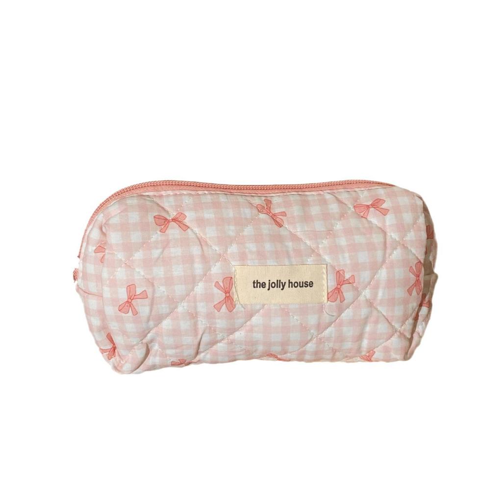 Girly Plaid Bow Makeup Bag - Large Capacity & Portable Handbag for Skincare Storage