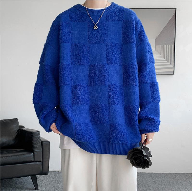 American Style Towel Check Design Fashion Sweater Coat Men's Fall Winter Casual Loose Pullover Unisex Sweater Streetwear