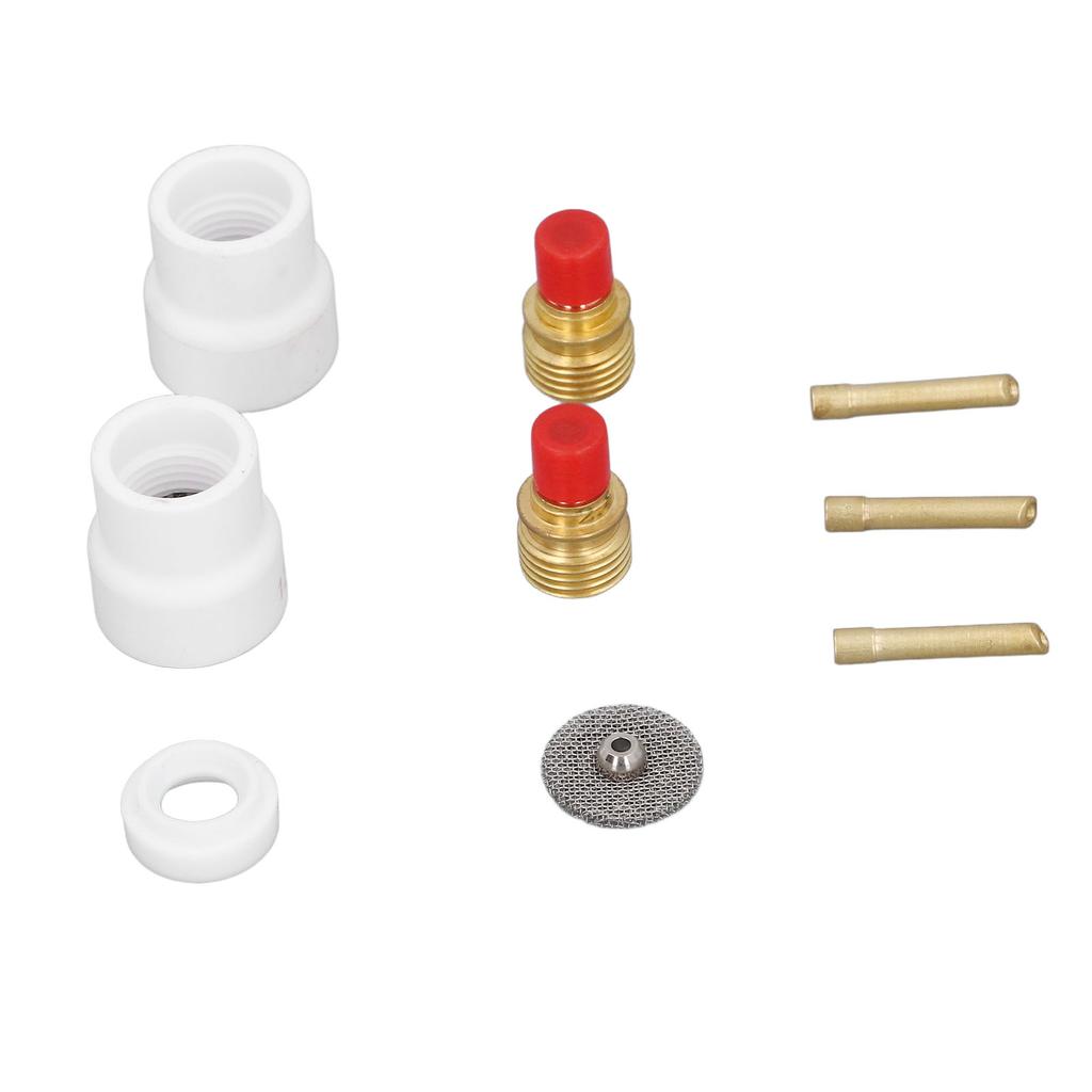 Комплект из 12 предметов: газовая линза для сварки TIG, керамическое сопло, держатель электрода с коротким скосом, сетчатый разъем, передняя часть из ПТФЭ