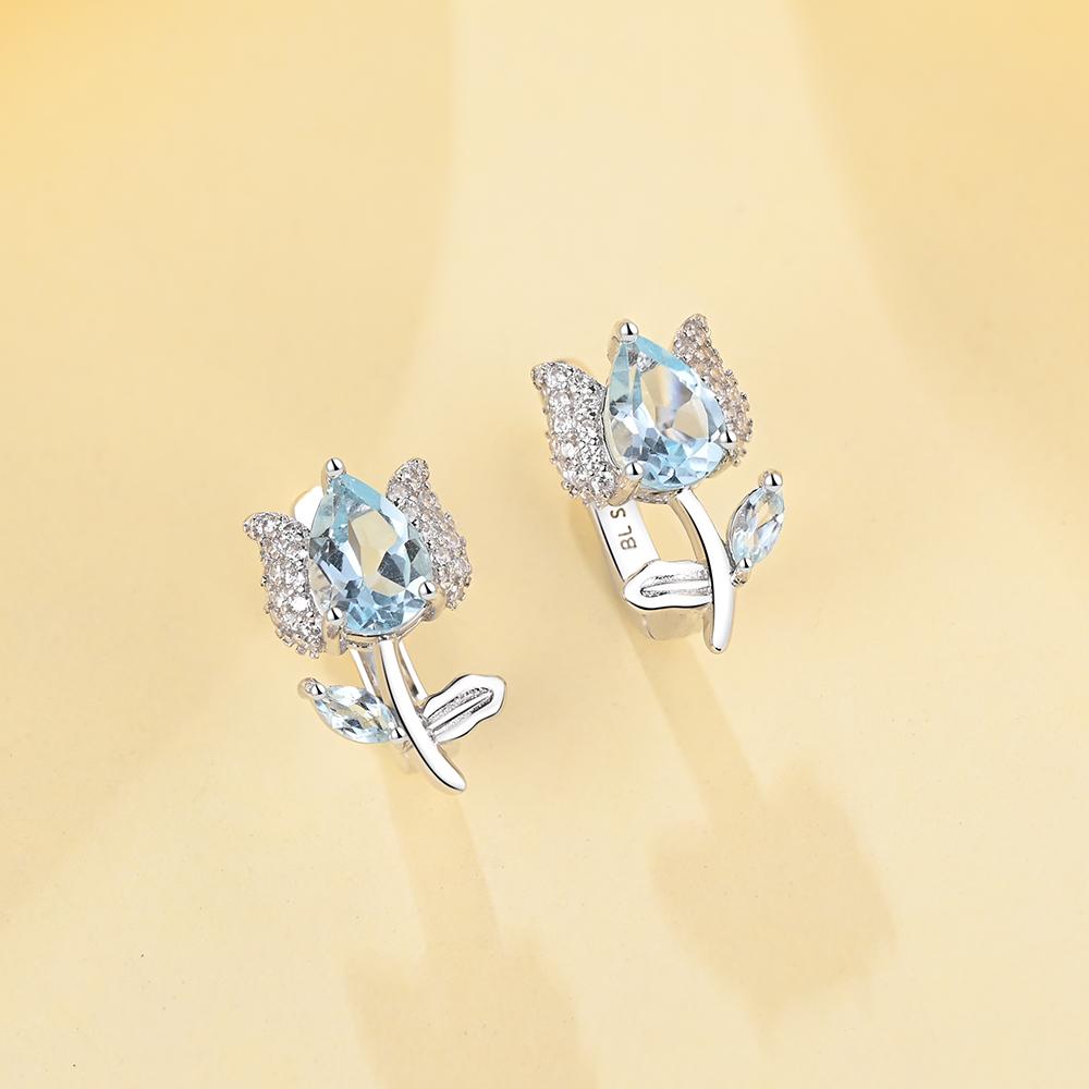 Серьги-клипсы с цветком розы, серебро 925 пробы, небесно-голубой топаз, драгоценные камни, изысканные украшения для девочек, дочери, хороший подарок на выпускной на день рождения