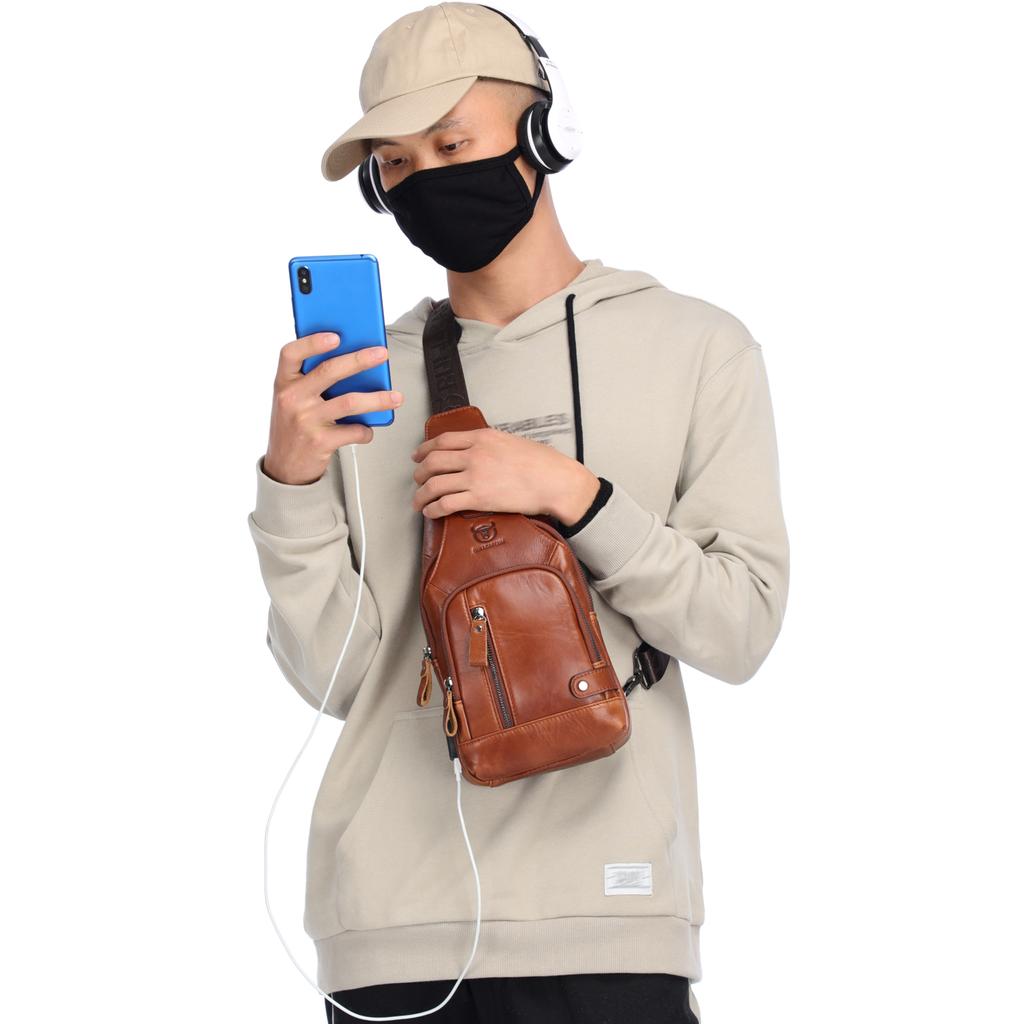 Men Leather Sling Bag Casual Shoulder Chest Crossbody Bag Hiking Travel Daypack with USB Charging