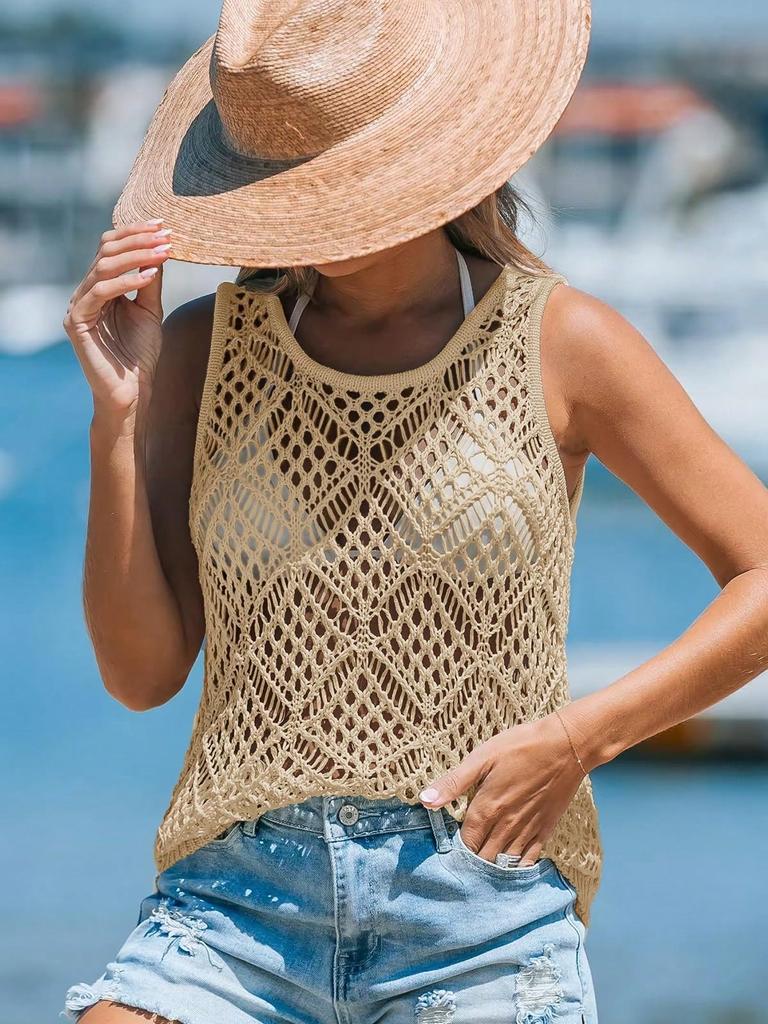 Women's Lightweight Crochet Tank Top Sleeveless Scoop Neck Hollow Out Beach Cover Up