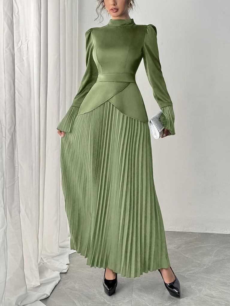 TEMU Внешняя торговля Платье вечернее с высоким воротом, приталенное по талии, плиссированное, с длинным рукавом
