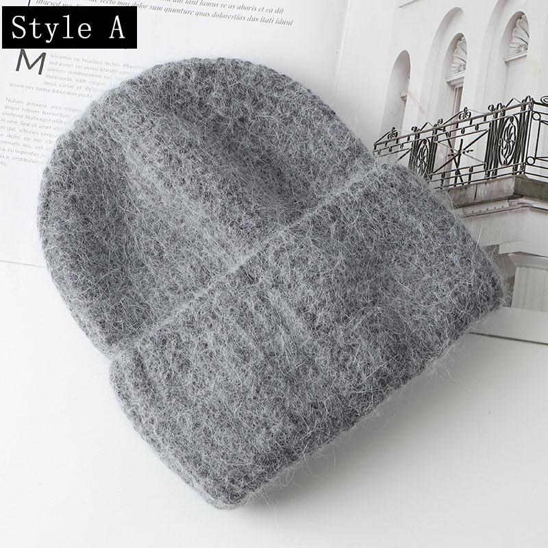 Konijnenbont Zachte Warme Beanie Muts Voor Vrouwen Wol Motorkap Dikke Gebreide Mooie Skullies Mutsen Ангорская вязаная шапка