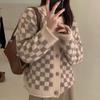 Autumn Cardigan Sweater 2022 New Women Loose Slouchy Chessboard Sweater O Neck Wear Knitted Cardigan Vintage Sweater Top Coat