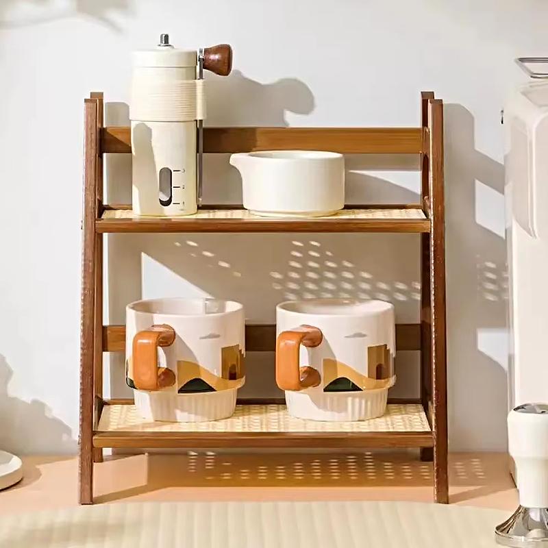 1Pc Cup Holder Work Storage Rack Bedroom Display Rack Kitchen Vine Weaving 2-layer Storage Rack