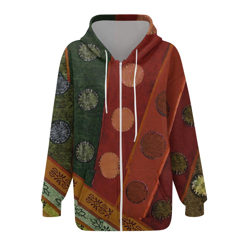 Women's Long Sleeve Print Sweatshirt Long Sleeve Pocket Jacket Zipper Hoodie Coat
