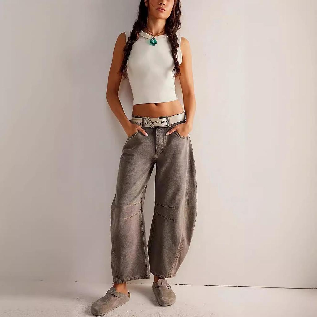 2024 Женские джинсы из выстиранного денима широкого кроя со средней/низкой посадкой