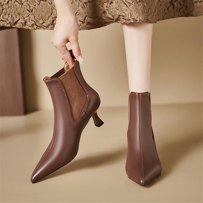Мода 2025 Осень Натуральная Кожа Женские Сапоги Острый Носок Тонкий Каблук Сапоги для Женщин Модные Ботильоны Зимние Сапоги Женские Высокие Каблуки