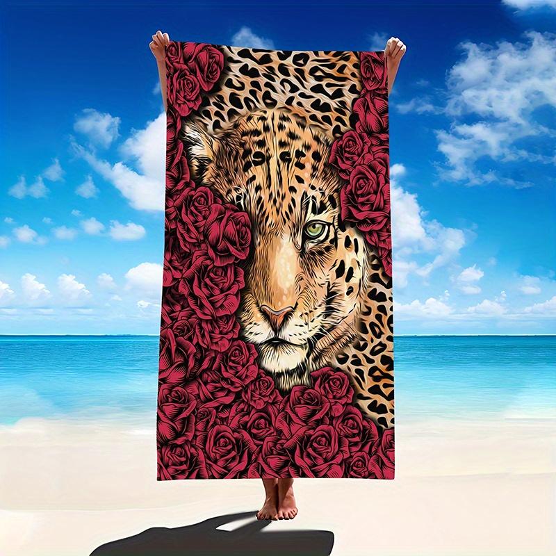 Red Rose Cheetah Microfiber Beach Towel 1Pc 2D Flat Printed Waterproof Sandproof Travel Bath Towel For Seaside Holiday