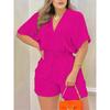Solid V Neck Romper, Elegant Short Sleeve Shirred Waist Jumpsuit For Spring & Summer, Women's Clothing
