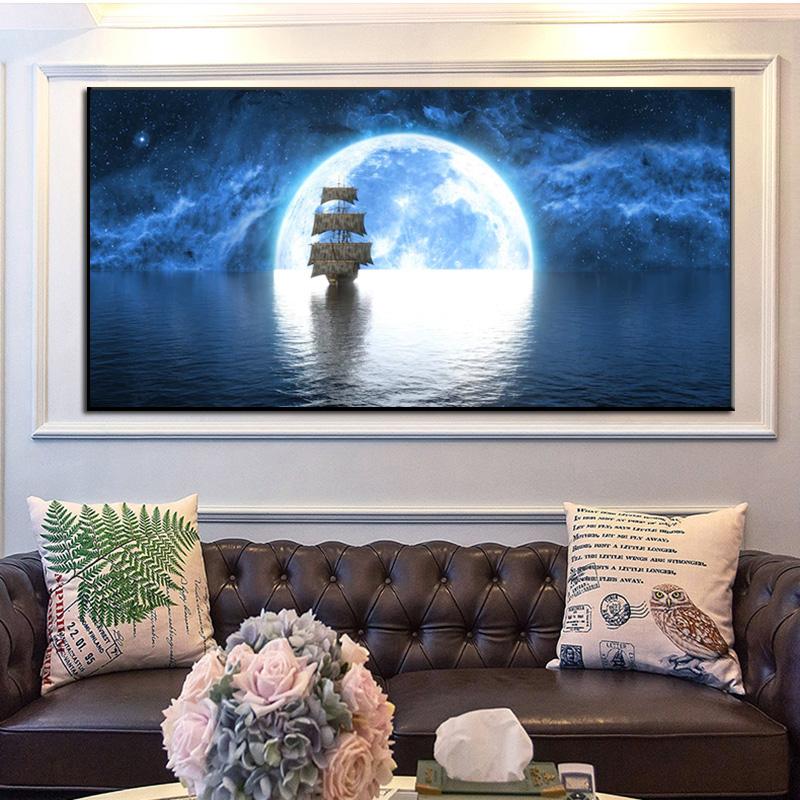 Пейзаж Луна и красивое небо Корабль в море Холст Картина Плакаты и принты Настенная картина Гостиная Домашний декор без рамки