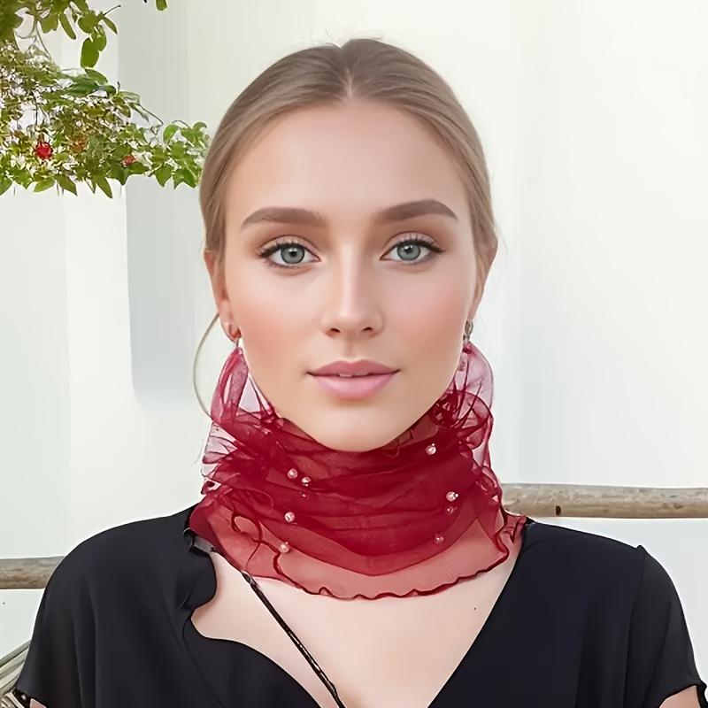 Fashionable Four-Season Nylon Mesh Scarf Adorned with Lace And Pearl Decorations, Providing Lightweight And Transparent Neck Protection.