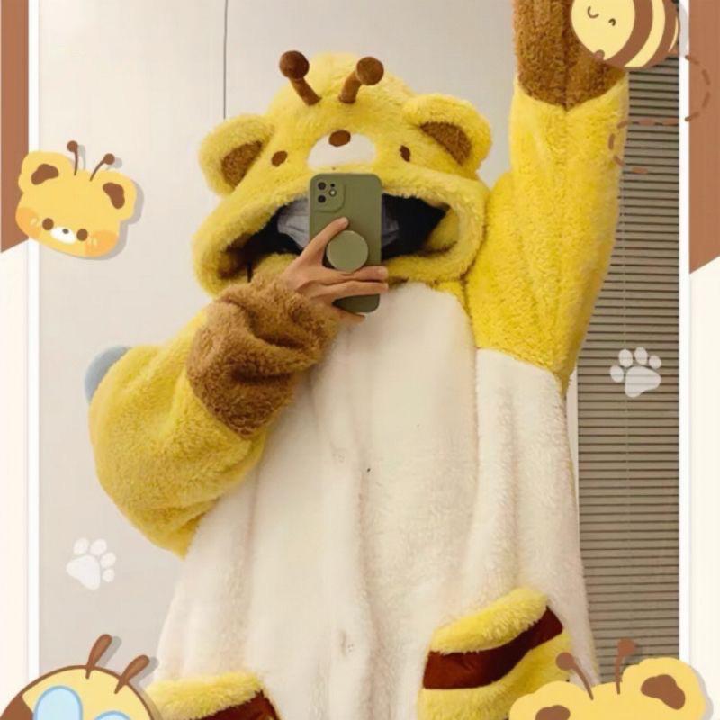 Женская пижама Honey Bee Robe фланелевая ночная рубашка с капюшоном утолщенная теплая милая женская повседневная одежда из кораллового флиса на осень-зиму