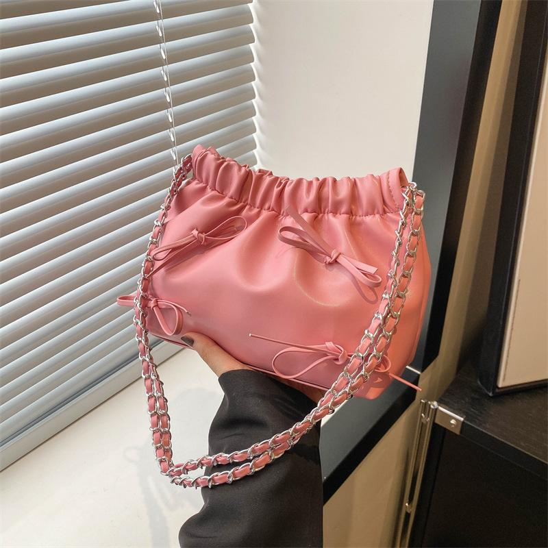 Trendy Ruched Faux Leather Bucket Bag for Women, Fashion Chain Shoulder Crossbody Hobo Purse, Casual Chic Handbag