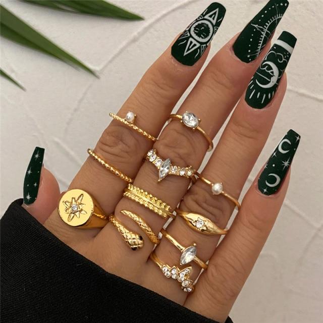17 км богемный комплект колец со змеиным кристаллом в богемном стиле для женщин, ретро серебряный цвет, кольца с луной и звездой, ювелирные изделия