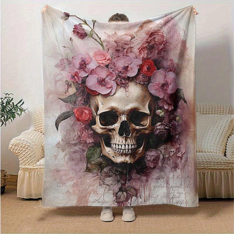 1pc Skull & Blooms Blanket  Seasonal Universal Home Decorative for Room, Living Room, Travel, Camping, Car Blankets