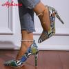 Aphixta 2024 Pearl Chain Pointed Toe 3.94 Inch Thin Heels Women Shoes Snake Prints Leather Pimp Leisure Party Super Big Size 46