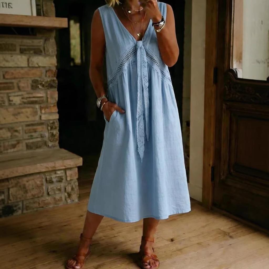 Женское льняное платье-сарафан миди без рукавов, однотонное, с кружевной отделкой и завязками спереди, свободное, повседневное.