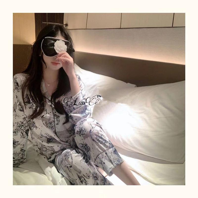 Женская шелковая пижама с цветочным принтом - С длинным рукавом, тонкая и стильная корейская домашняя одежда для весны/осени