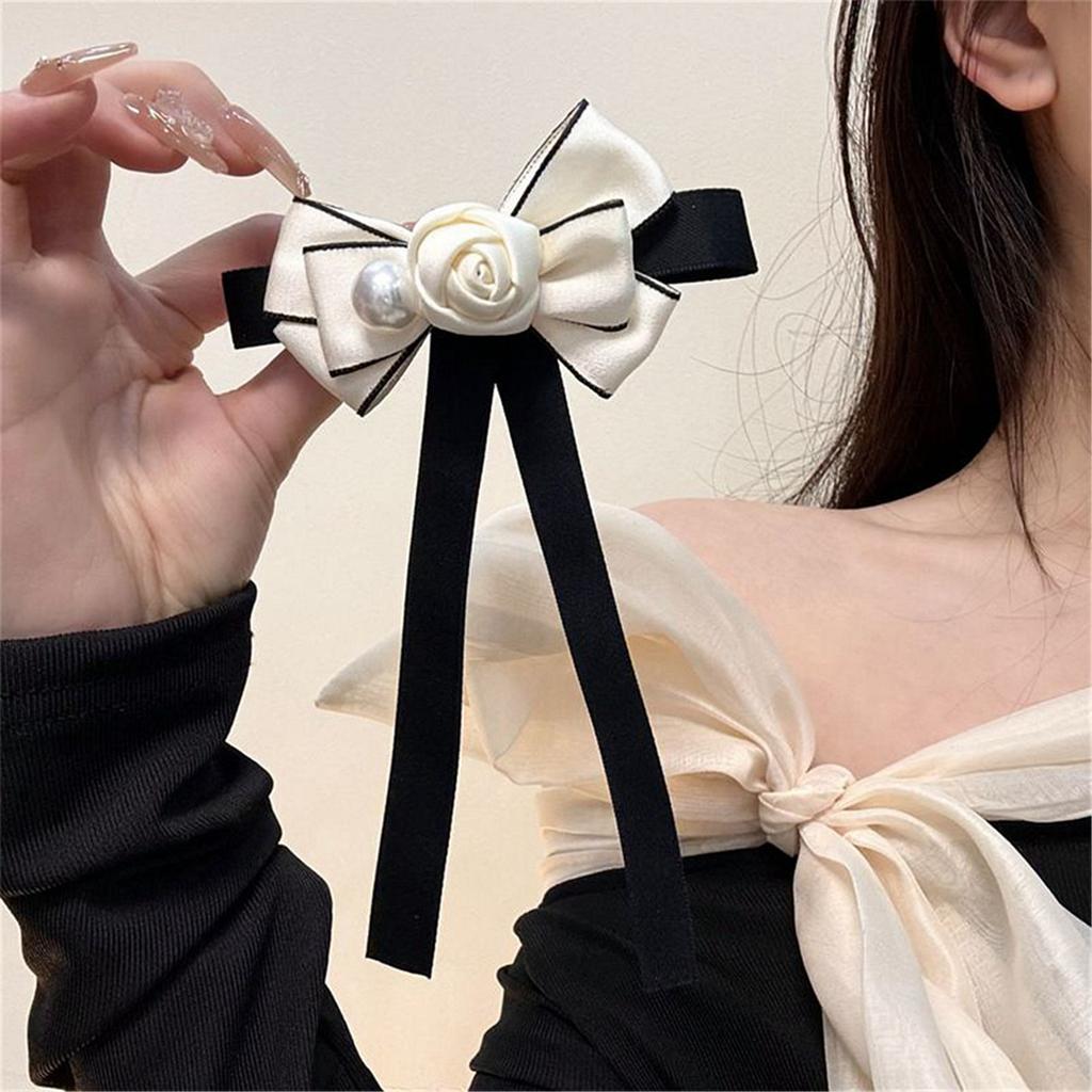 Women Girls Vintage Camellia Pearls Ribbon Bows Tie Brooch Pin Elegant Preppy Uniform Pre Tied Bowknot Corsage Necktie