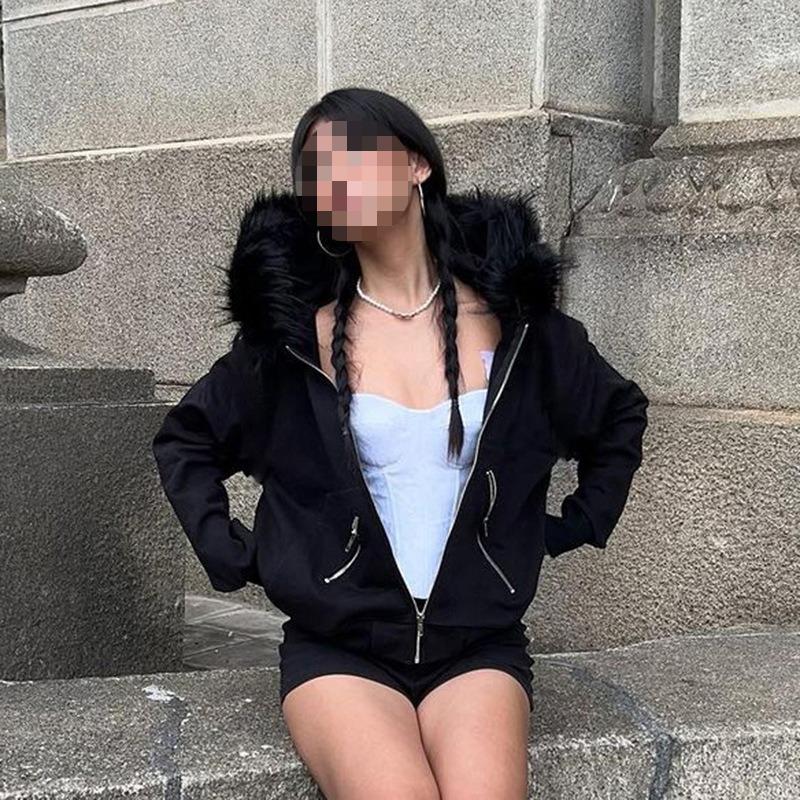 Худи на молнии Y2K осенне-зимнее черное