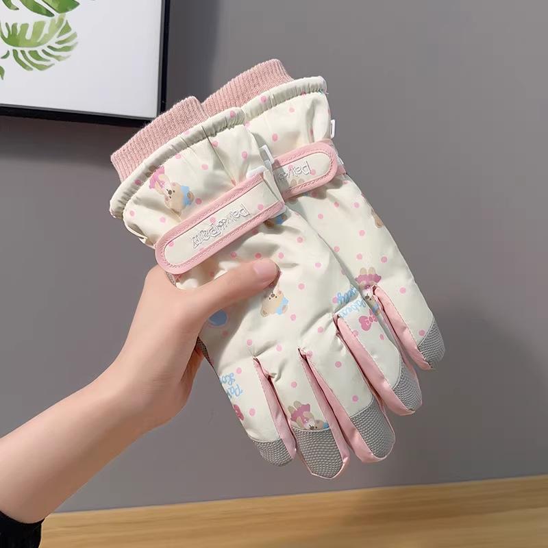 Милые женские перчатки с медвежонком для катания на ветрозащитные и теплые, на флисовой подкладке и утолщенные, водонепроницаемые и морозостойкие, для активного отдыха, лыжные