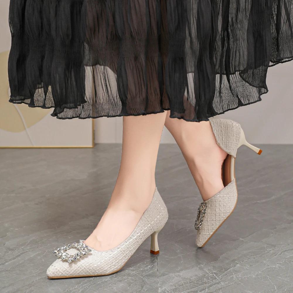 Fashionable Korean Style Diamond Ladies High Heels Low Cut Single Shoes Sharp Pointed Toe Ultra Thin Heel Women's Footwear