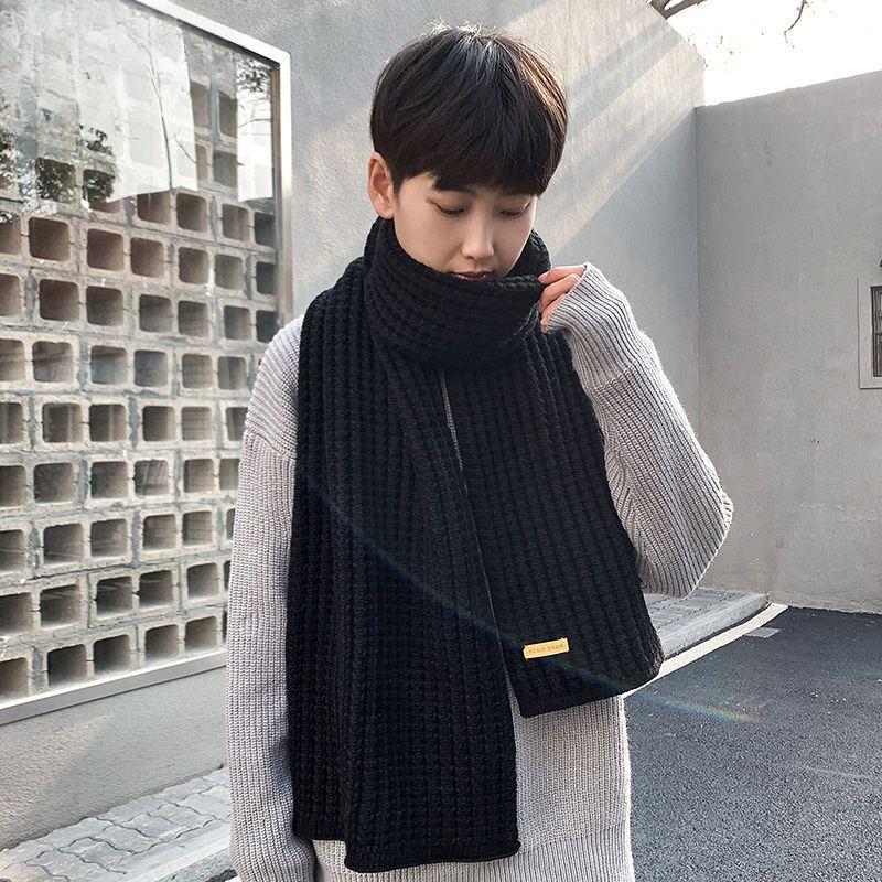 Versatile Men's Black Knitted Scarf Winter Korean Style Thickened Warm Autumn Winter Neck Warmer