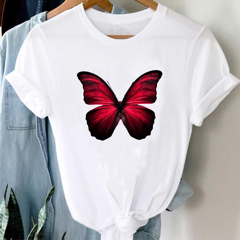 (Азиатский размер) Женская футболка с принтом мультфильма «Бабочка», сладкий топ в стиле 90-х, модная футболка, одежда, повседневная женская футболка с коротким рукавом и графическим рисунком