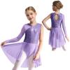 Kids Girls LJazz Dancewear Yrical Skating Dance Dress One Shoulder Asymmetrical Sleeve Shiny Sequins Ballet Ballroom Dance Skirted Leotard