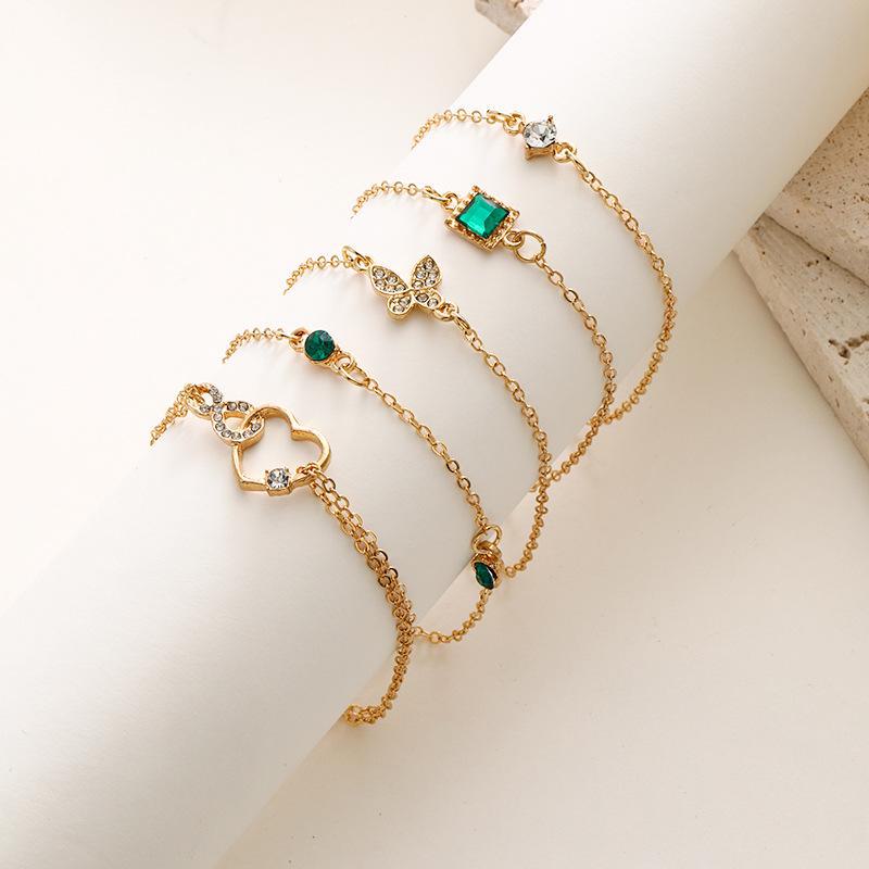 European & American Retro Green Diamond Bracelet Set: 5-Piece Square, Butterfly, and Love Designs