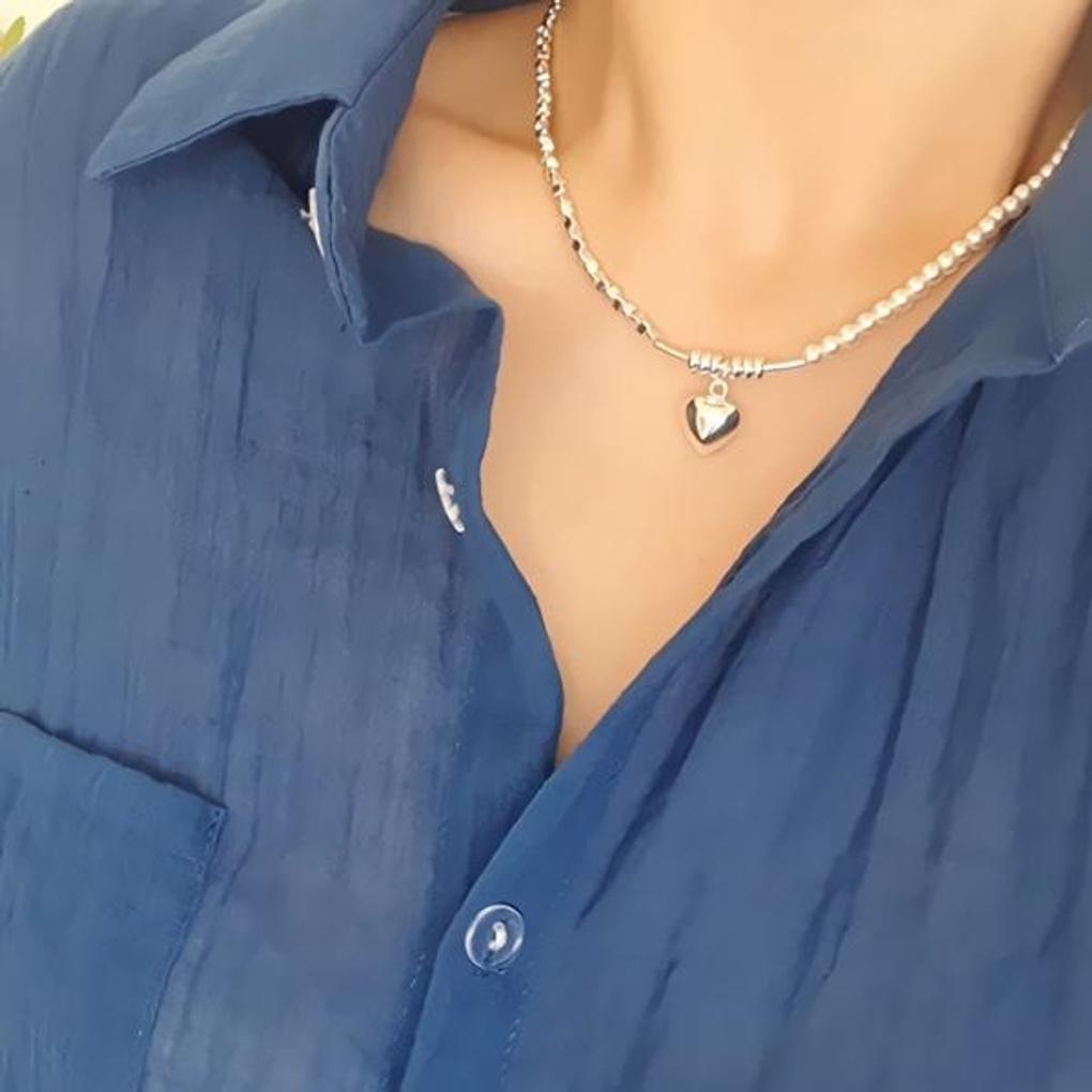 Women's Daily Silver and Pearl Heart Necklace