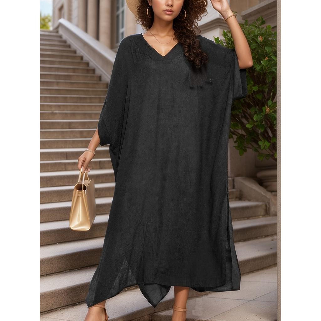 Solid Color Split Cover Up Dress, V Neck Loose Fit Half Sleeves Beach Kaftan, Women's Swimwear & Clothing