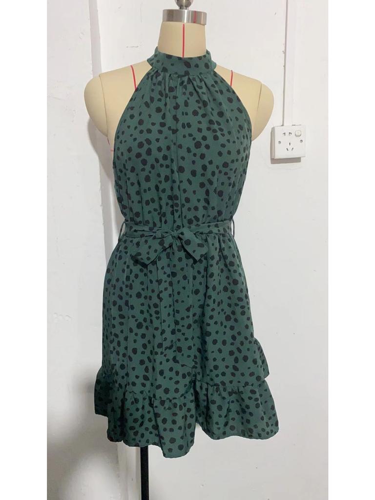 Halter Neck Round Dot Dress Lace Up Ruffle Edge Dress Sleeveless Chiffon Dresses Causal Women Dress