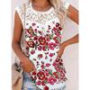 Floral Print Lace Contrast Top, Casual Crew Neck Summer Cap Sleeve Top, Women's Clothing