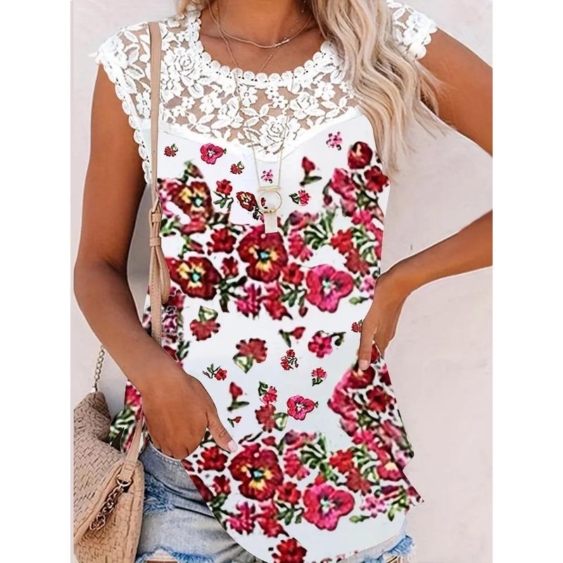 Top Contrast Lace Print Floral Casual Crew Neck Summer Cap Sleeve Top Womens Clothing