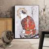 Solid Wood Frame Japanese Floating Samurai Cat Canvas Painting Retro Style Posters and Prints Wall Art Pictures for Living Room Wall Decor