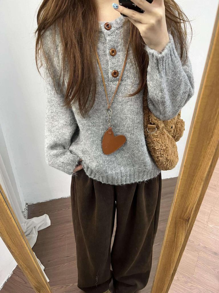 Yellow age-reducing button Henry neck knitted sweater women's autumn and winter plush soft waxy loose backing top
