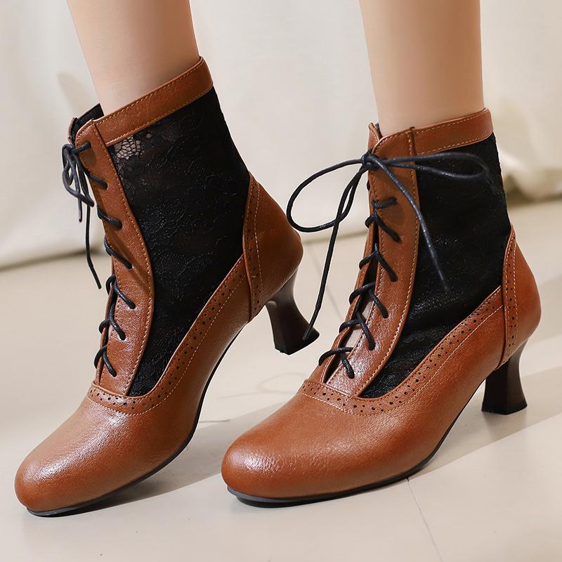 Ретро Косплей Летние Ботинки Женские Лоскутные Сетчатые Туфли Весна Кожа Виктория Массивный Каблук-рюмочка