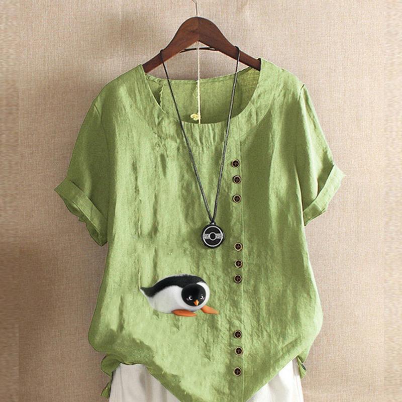 Women's Fashion Penguin Prined Round Neck Short Sleeve T-shirt Casual Cotton Linen Graphic Shirt Leisure Loose Summer Blouse Tops