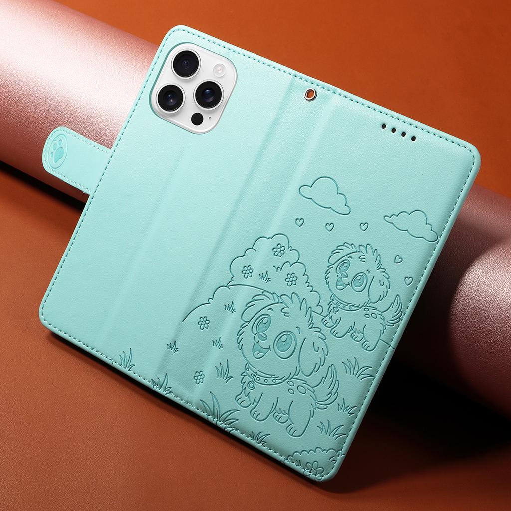 For iPhone 16 Pro Max Case RFID Blocking Imprinted Dog Pattern PU Leather Phone Cover with Wrist Strap