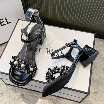 Модные сандалии для женщин на толстом каблуке, женская обувь из кожи, лето 2024 года, обувь с открытым носком One Word, массивные сандалии VIP The Best HF