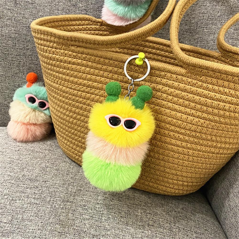Cute Colorful Plush Caterpillars Keychain With Sunglasses Soft Rabbit Fur Animal Pompom Pendant With Key Rings For Women Handbag