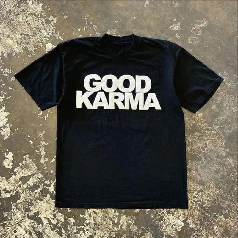 Футболки в стиле Y2K Хип-Хоп Уличная одежда Оверсайз Принт с буквами “GOOD KARMA” Y2k Круглый вырез Свободная Хлопковая Футболка Милый Топ Унисекс