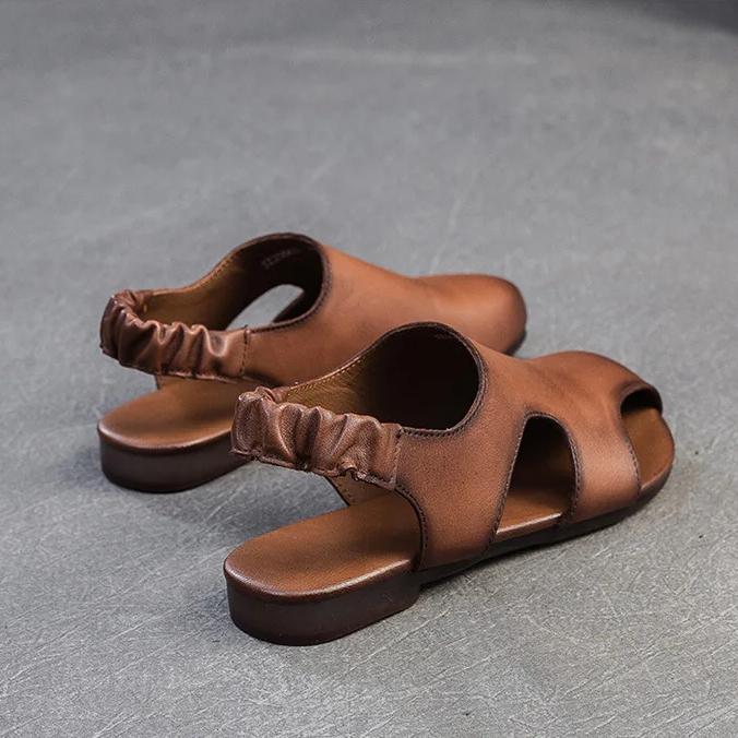 Johnature Hollow Out Breathable Comfortable Flat Sandals Retro Genuine Leather Casual Women's Shoes