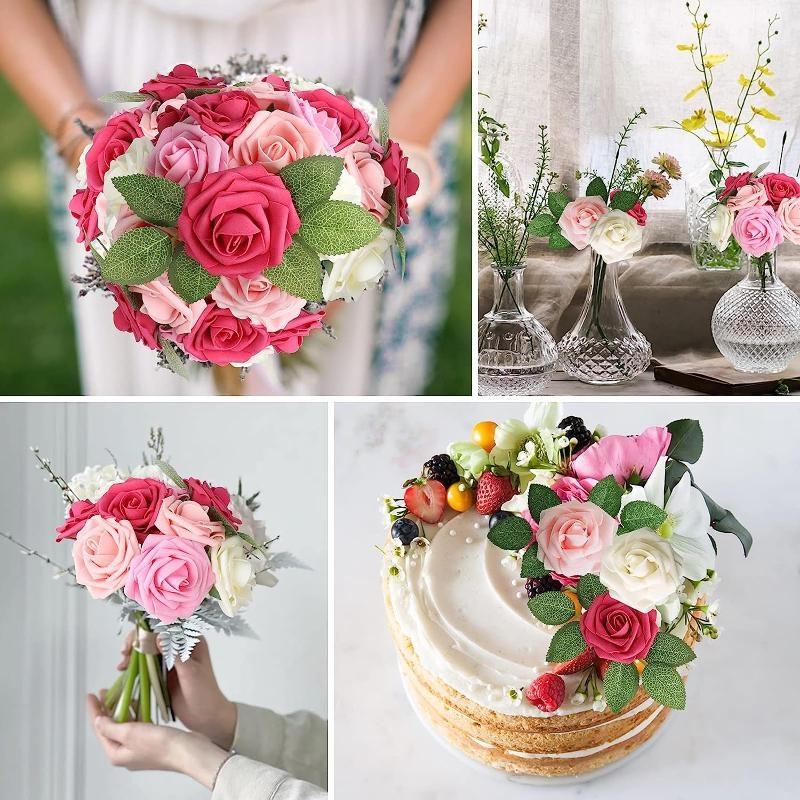 Искусственные цветы, 25/50 шт., искусственные розы, белые свадебные украшения для свадебного душа, композиции для вечеринок, украшения для столов(10 роз+5 листьев/25 роз+5 листьев)